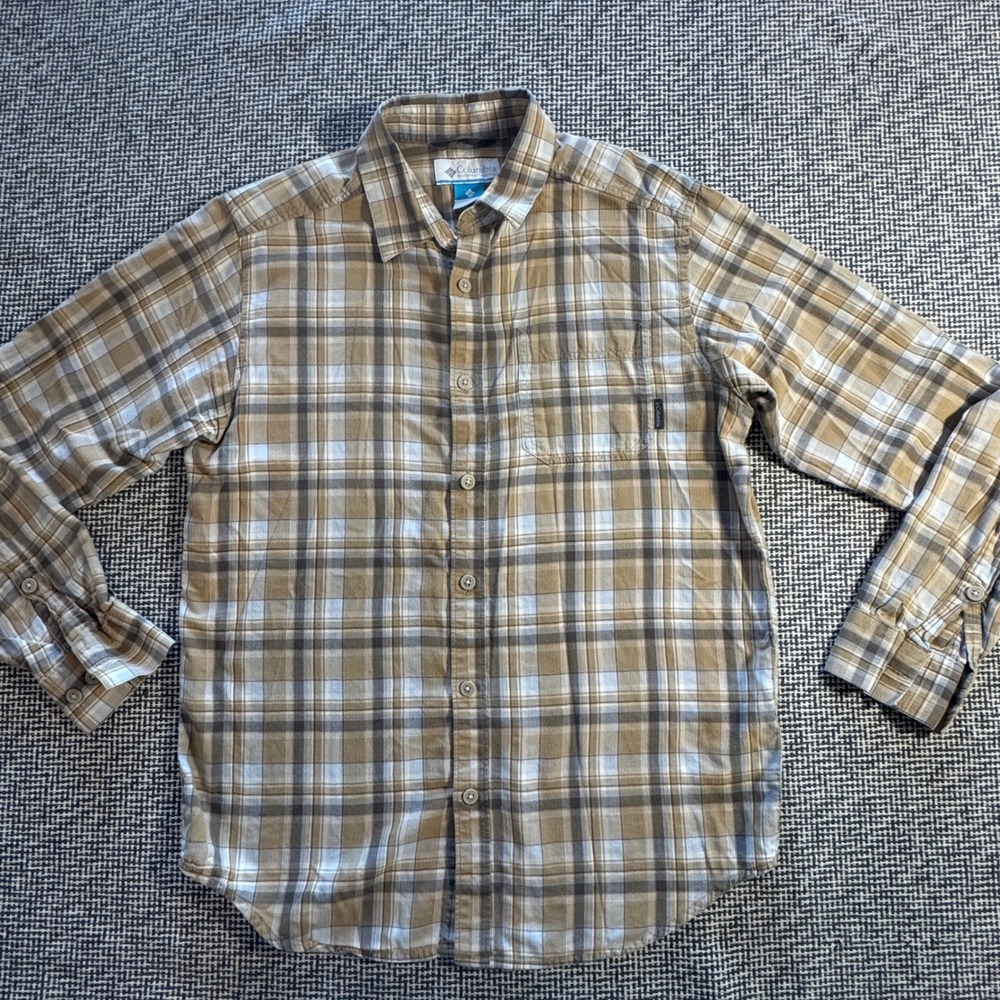 Columbia Mens Plaid Long Sleeve Button Down Shirt Tan Brown Small